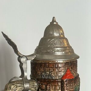 LADOR German Ceramic Beer Stein with Pewter Lid - Brown & Blue